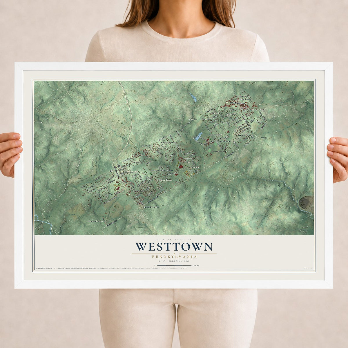 Map of Westtown, Pennsylvania, 18 x 24 inch print in a white wood frame