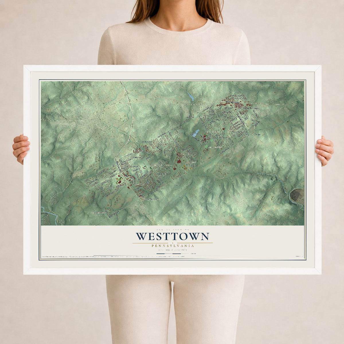 Map of Westtown, Pennsylvania, 24 x 36 inch print in a white wood frame