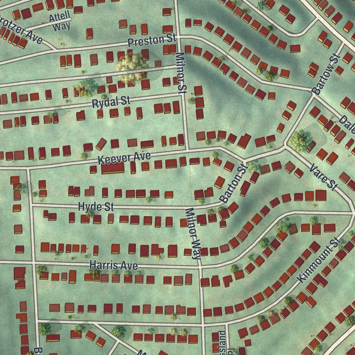 Close-up of the map of Westwood, Pennsylvania print showing street and building detail