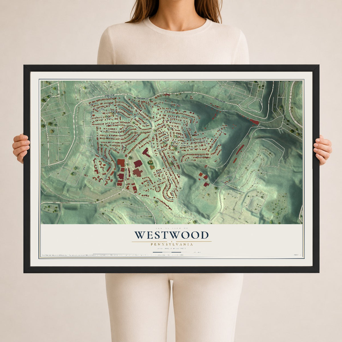 Map of Westwood, Pennsylvania, 24 x 36 inch print in a black wood frame