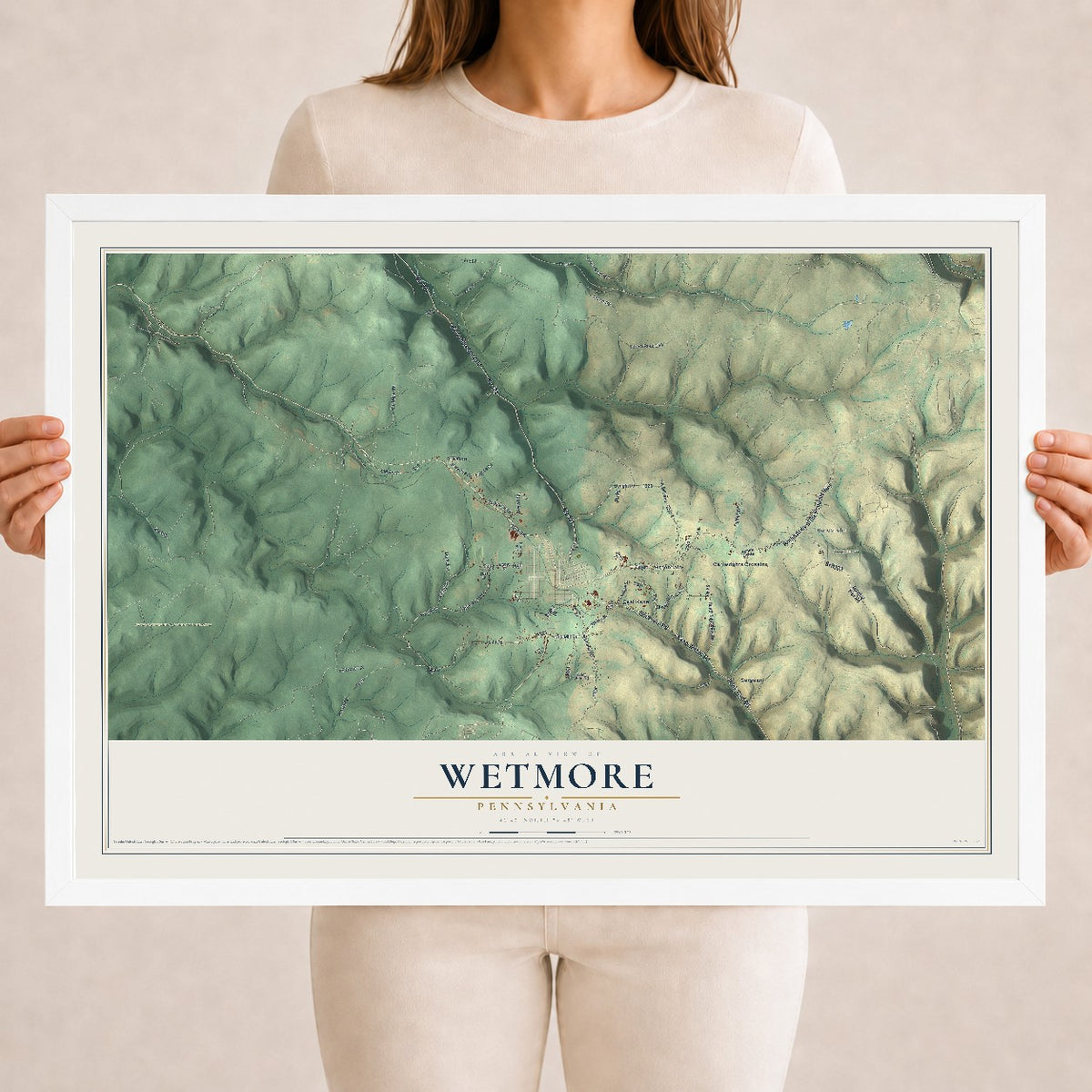 Map of Wetmore, Pennsylvania, 18 x 24 inch print in a white wood frame