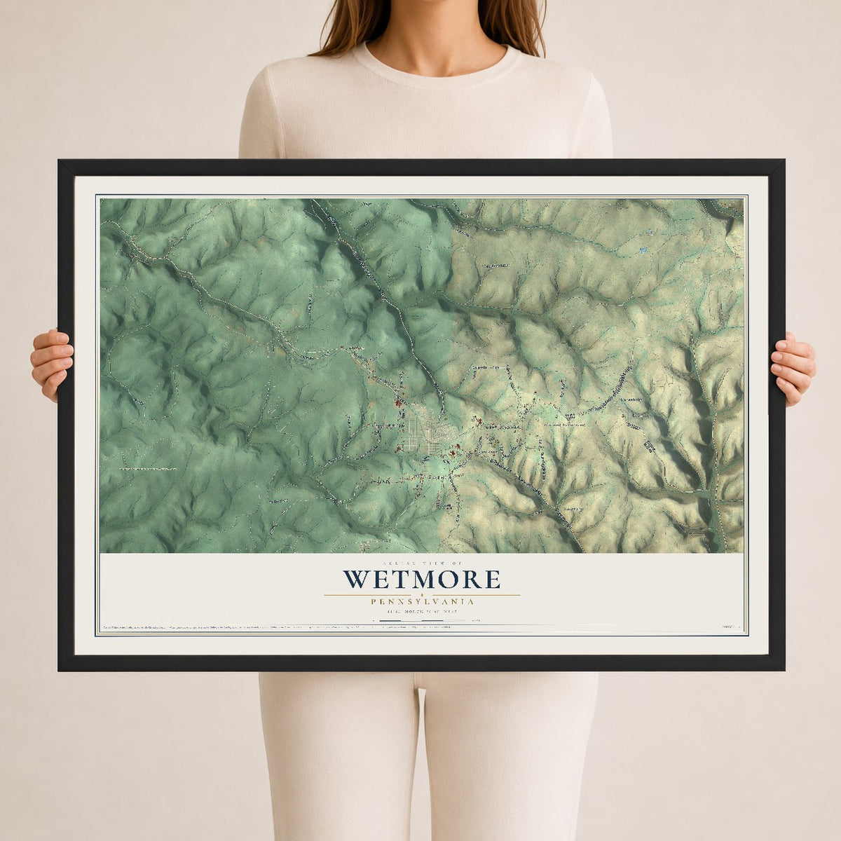 Map of Wetmore, Pennsylvania, 24 x 36 inch print in a black wood frame