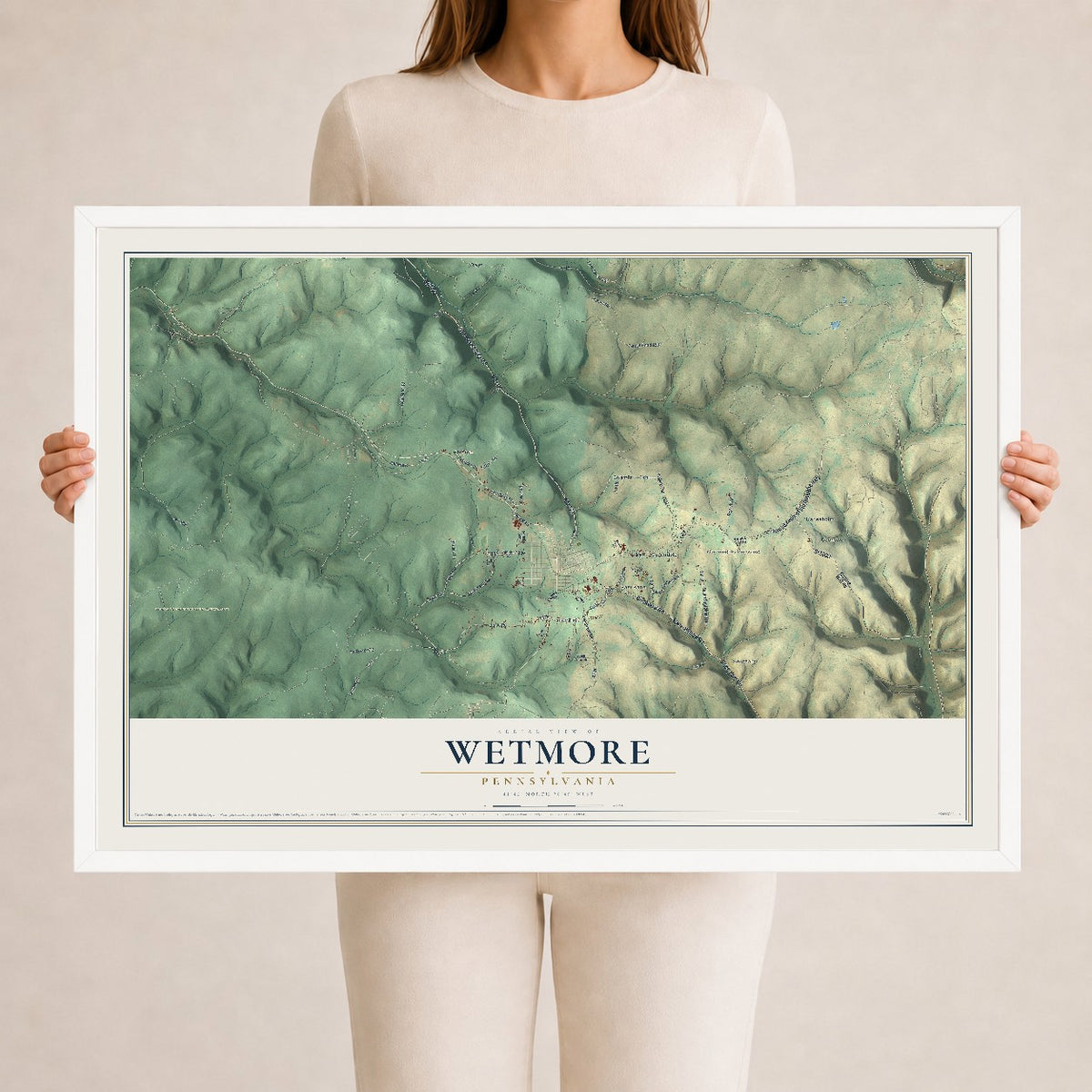 Map of Wetmore, Pennsylvania, 24 x 36 inch print in a white wood frame