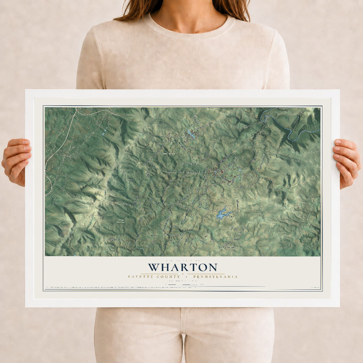 Map of Wharton, Fayette County, Pennsylvania, 12 x 18 inch print in a white wood frame