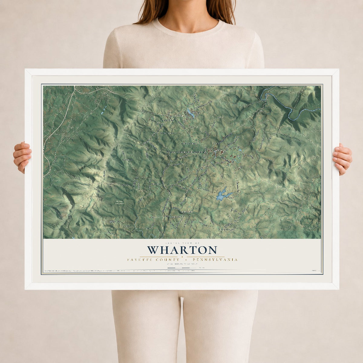Map of Wharton, Fayette County, Pennsylvania, 24 x 36 inch print in a white wood frame