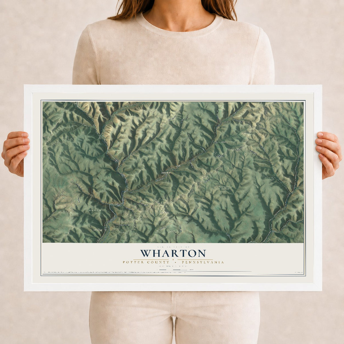 Map of Wharton, Potter County, Pennsylvania, 12 x 18 inch print in a white wood frame