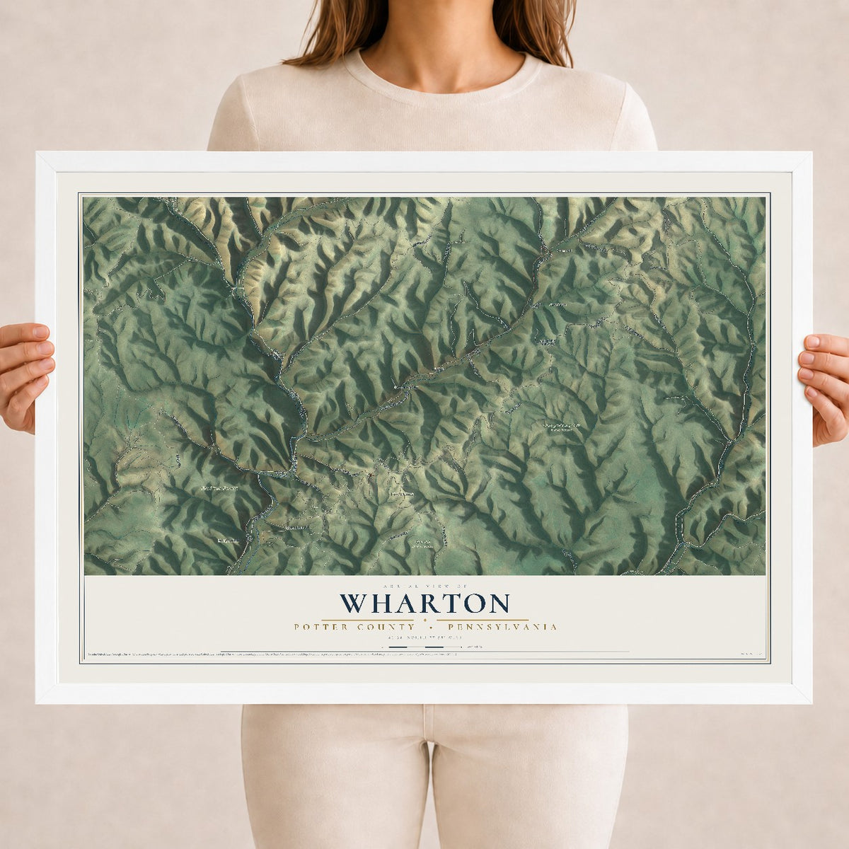 Map of Wharton, Potter County, Pennsylvania, 18 x 24 inch print in a white wood frame