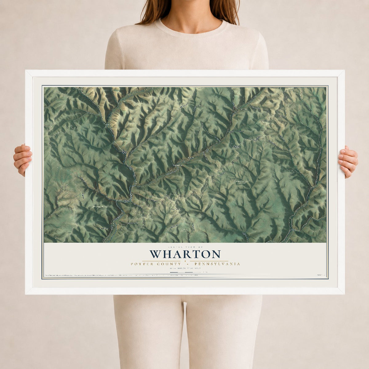 Map of Wharton, Potter County, Pennsylvania, 24 x 36 inch print in a white wood frame