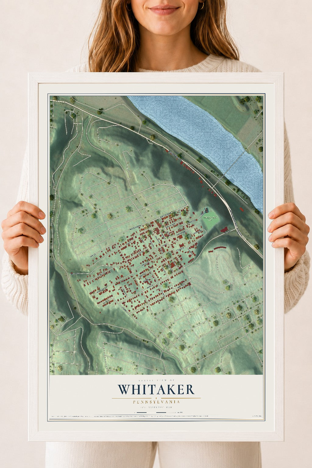 Map of Whitaker, Pennsylvania, 18 x 24 inch print in a white wood frame