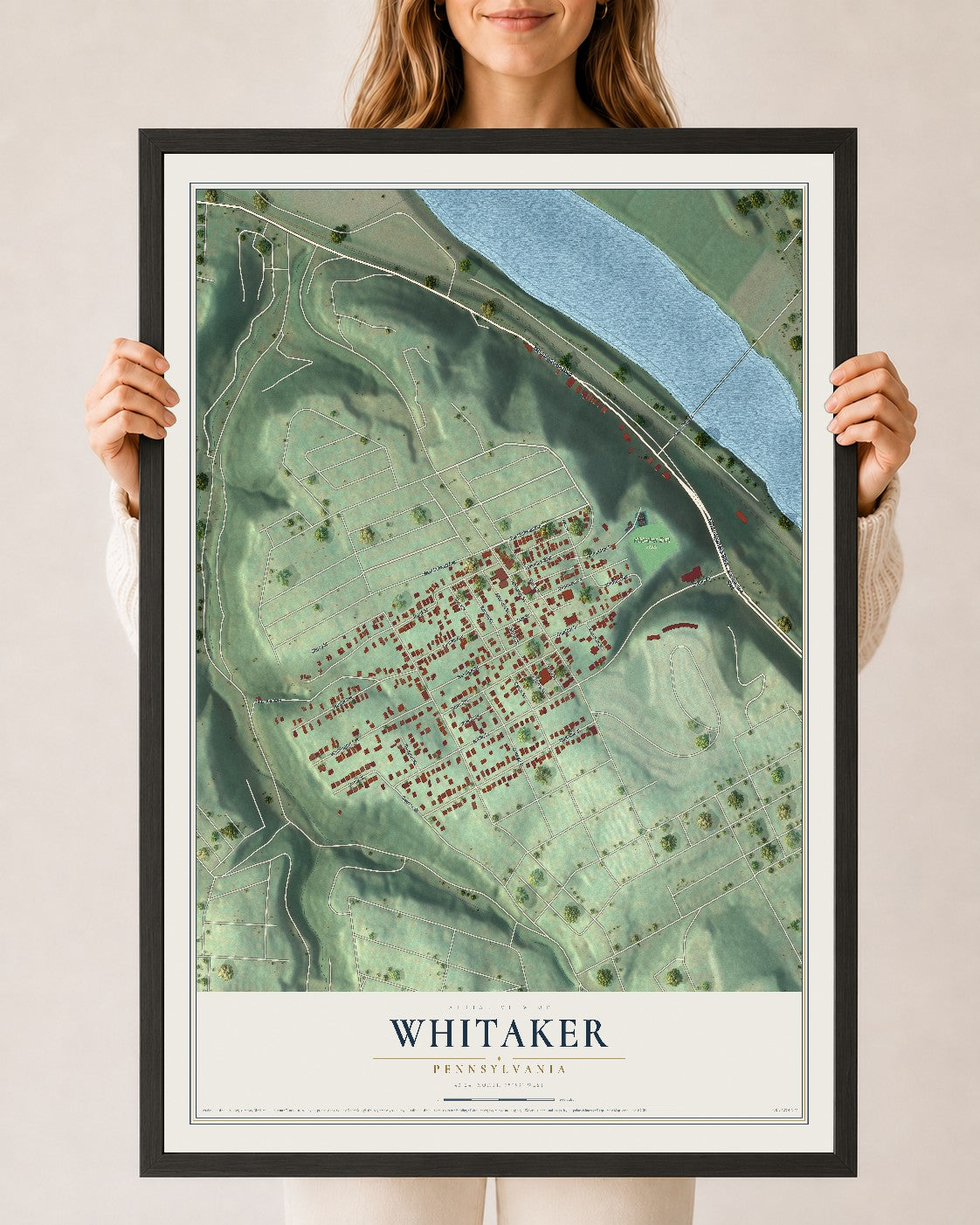 Map of Whitaker, Pennsylvania, 24 x 36 inch print in a black wood frame