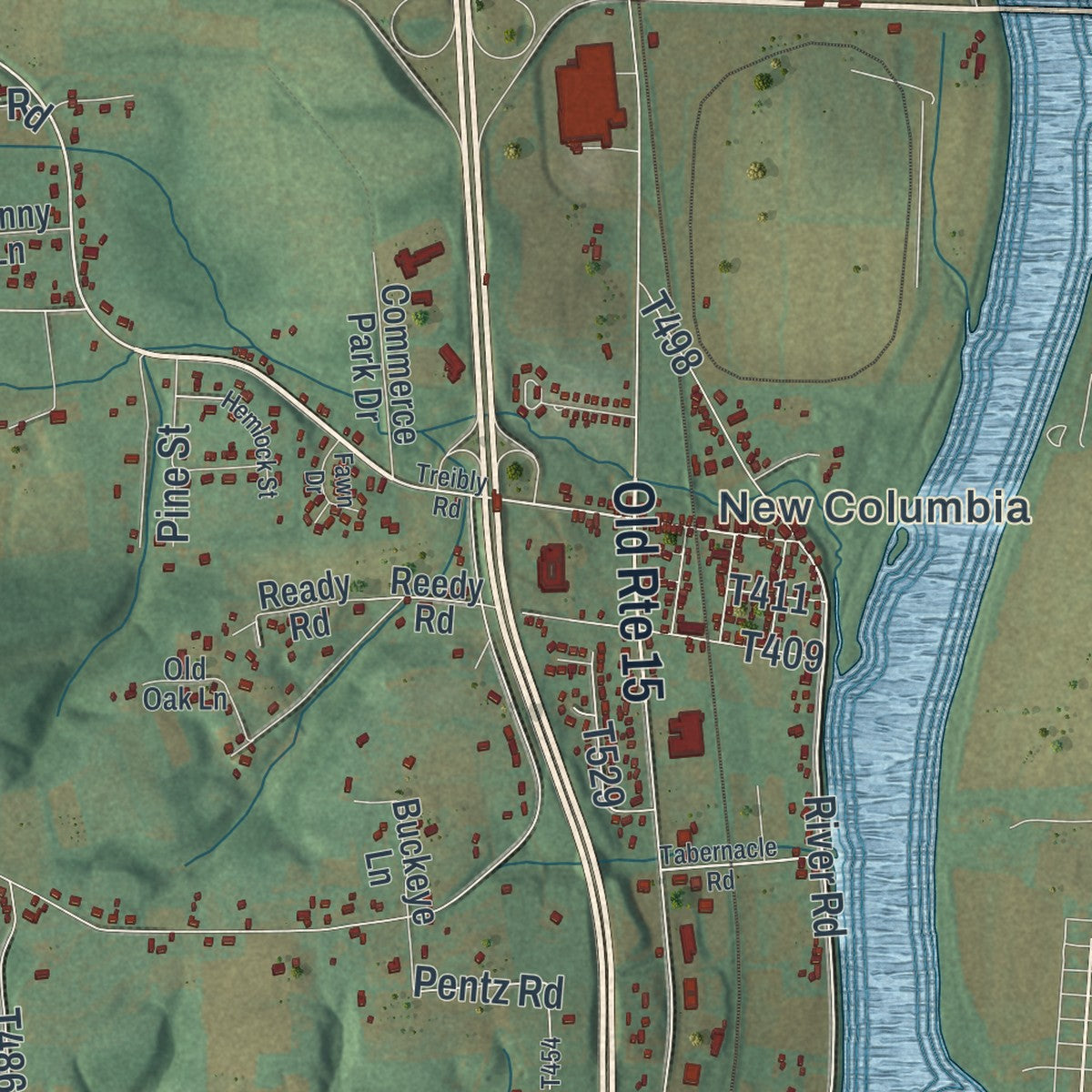 Close-up of the map of White Deer, Pennsylvania print showing street and building detail
