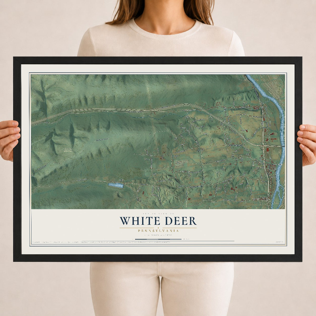 Map of White Deer, Pennsylvania, 18 x 24 inch print in a black wood frame