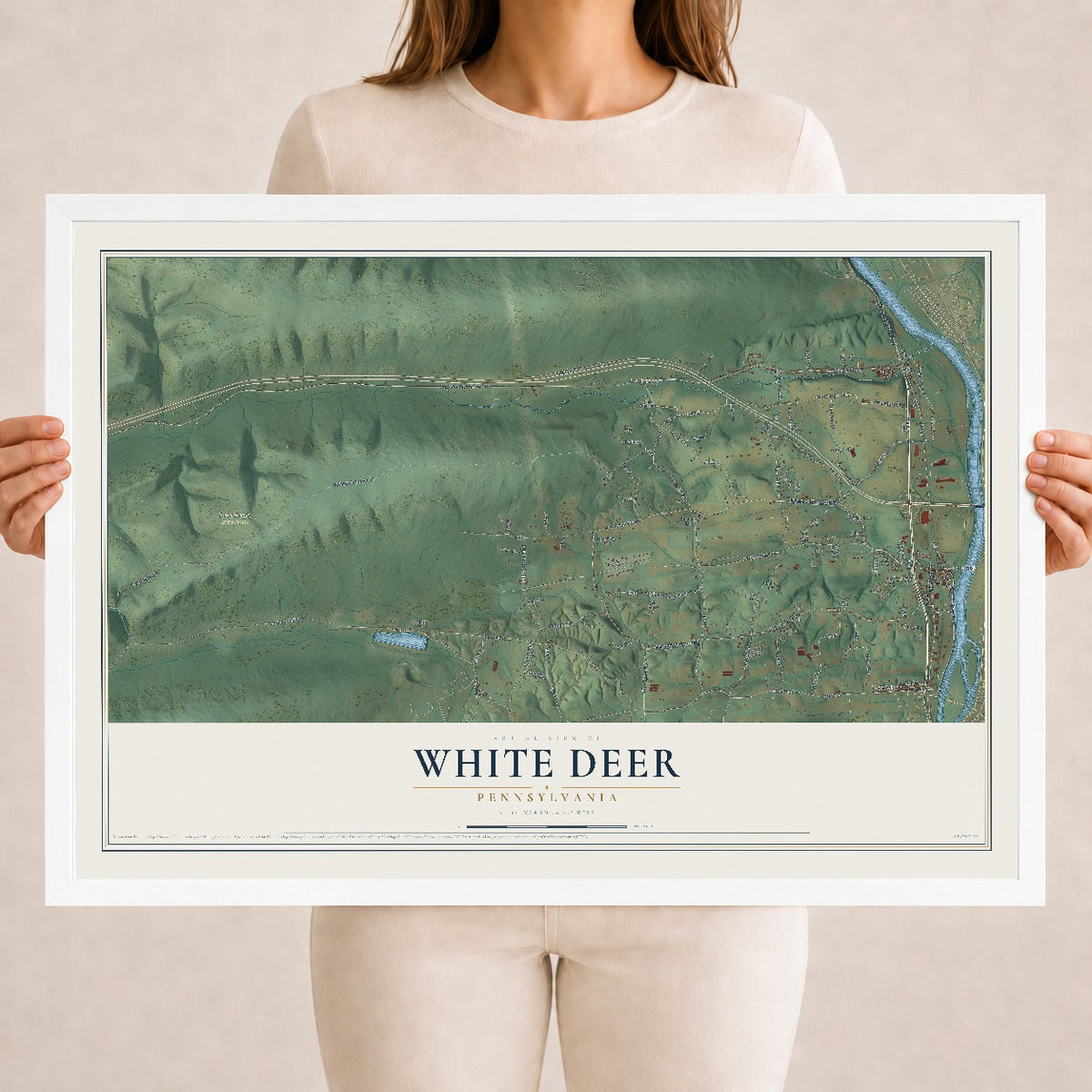 Map of White Deer, Pennsylvania, 18 x 24 inch print in a white wood frame