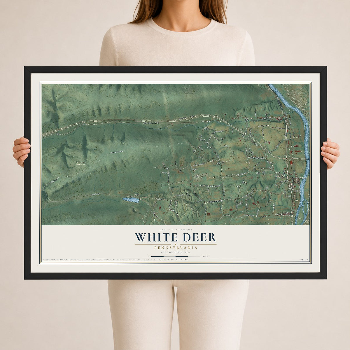 Map of White Deer, Pennsylvania, 24 x 36 inch print in a black wood frame