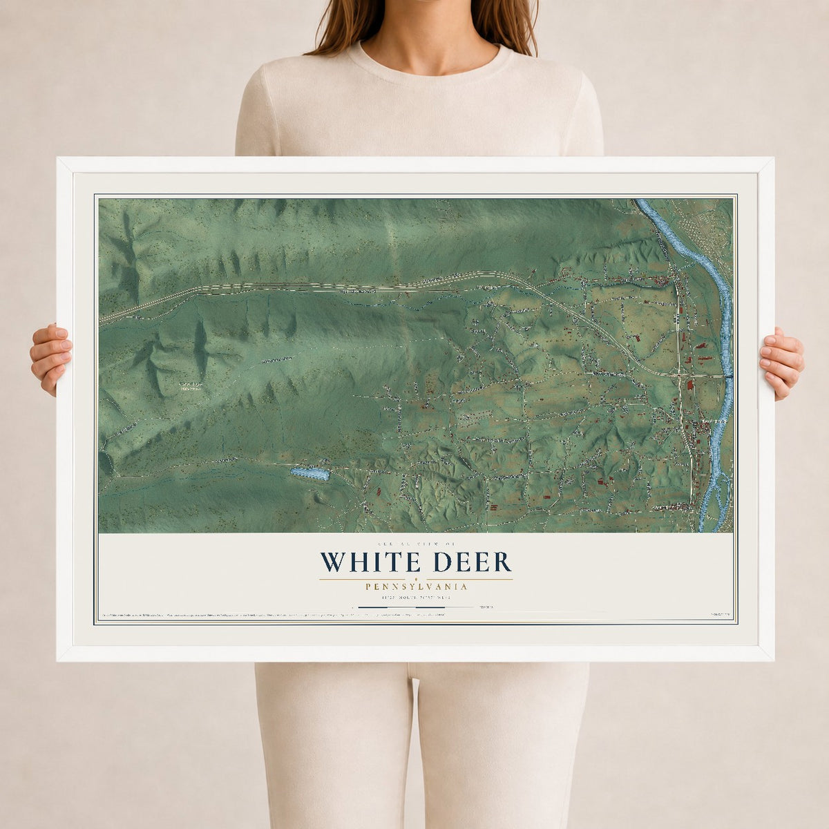 Map of White Deer, Pennsylvania, 24 x 36 inch print in a white wood frame