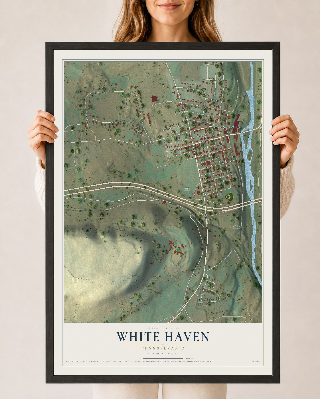 Map of White Haven, Pennsylvania, 24 x 36 inch print in a black wood frame
