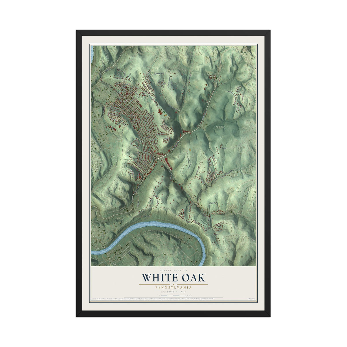 Map of White Oak, Pennsylvania, 12 x 18 inch print in a black wood frame