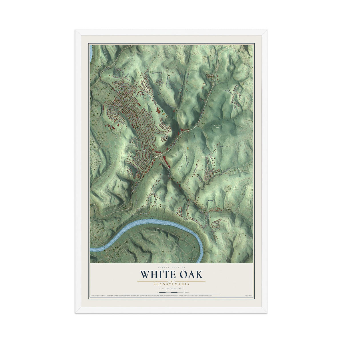 Map of White Oak, Pennsylvania, 12 x 18 inch print in a white wood frame