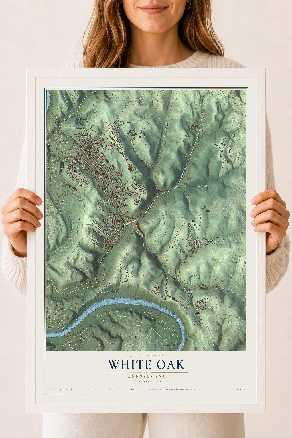 Map of White Oak, Pennsylvania, 18 x 24 inch print in a white wood frame