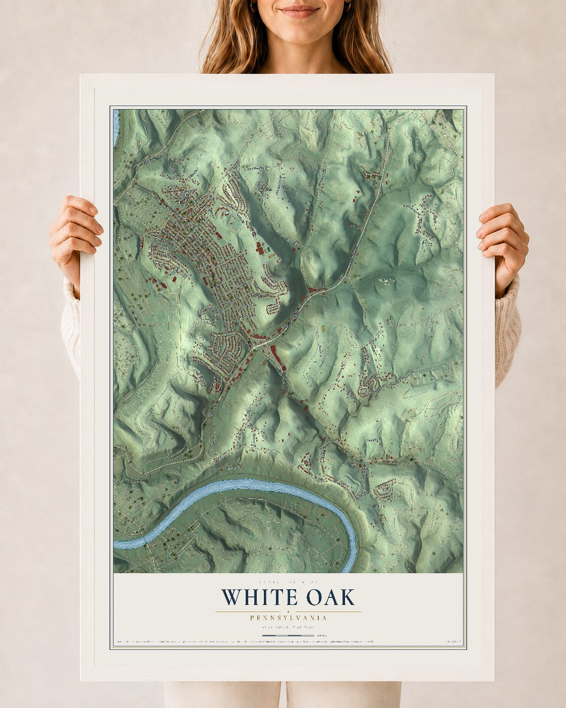 Map of White Oak, Pennsylvania, 24 x 36 inch print in a white wood frame