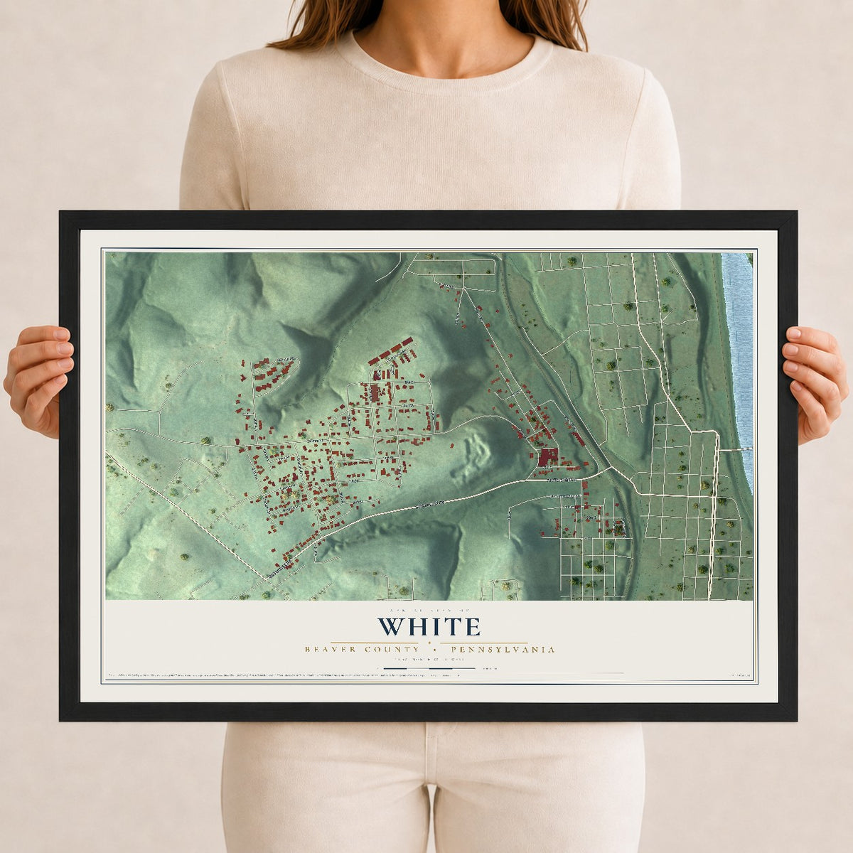 Map of White, Beaver County, Pennsylvania, 12 x 18 inch print in a black wood frame