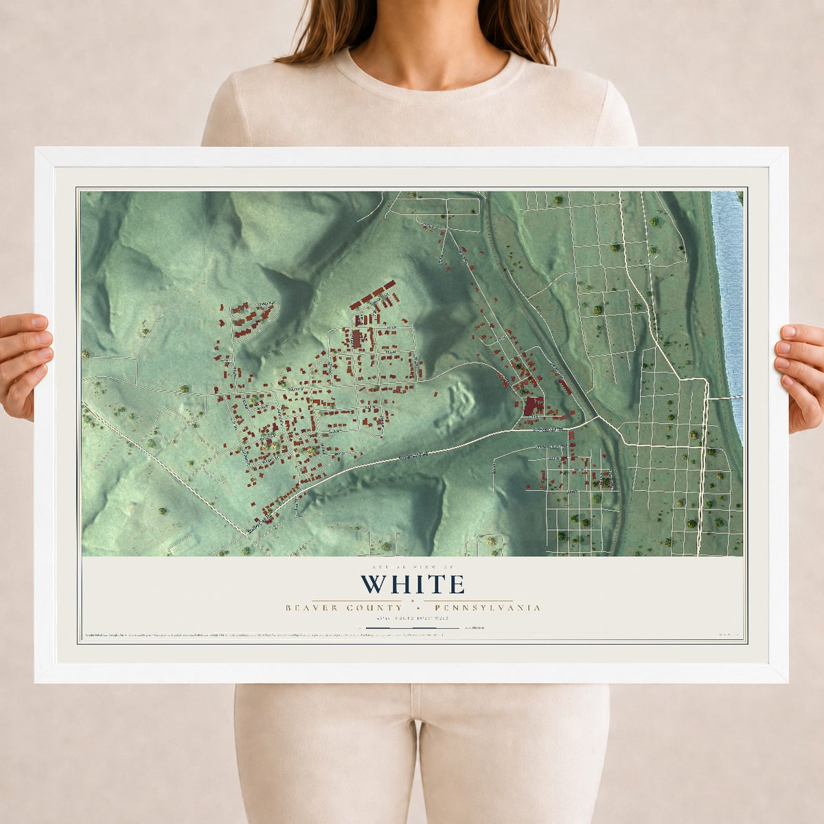 Map of White, Beaver County, Pennsylvania, 18 x 24 inch print in a white wood frame