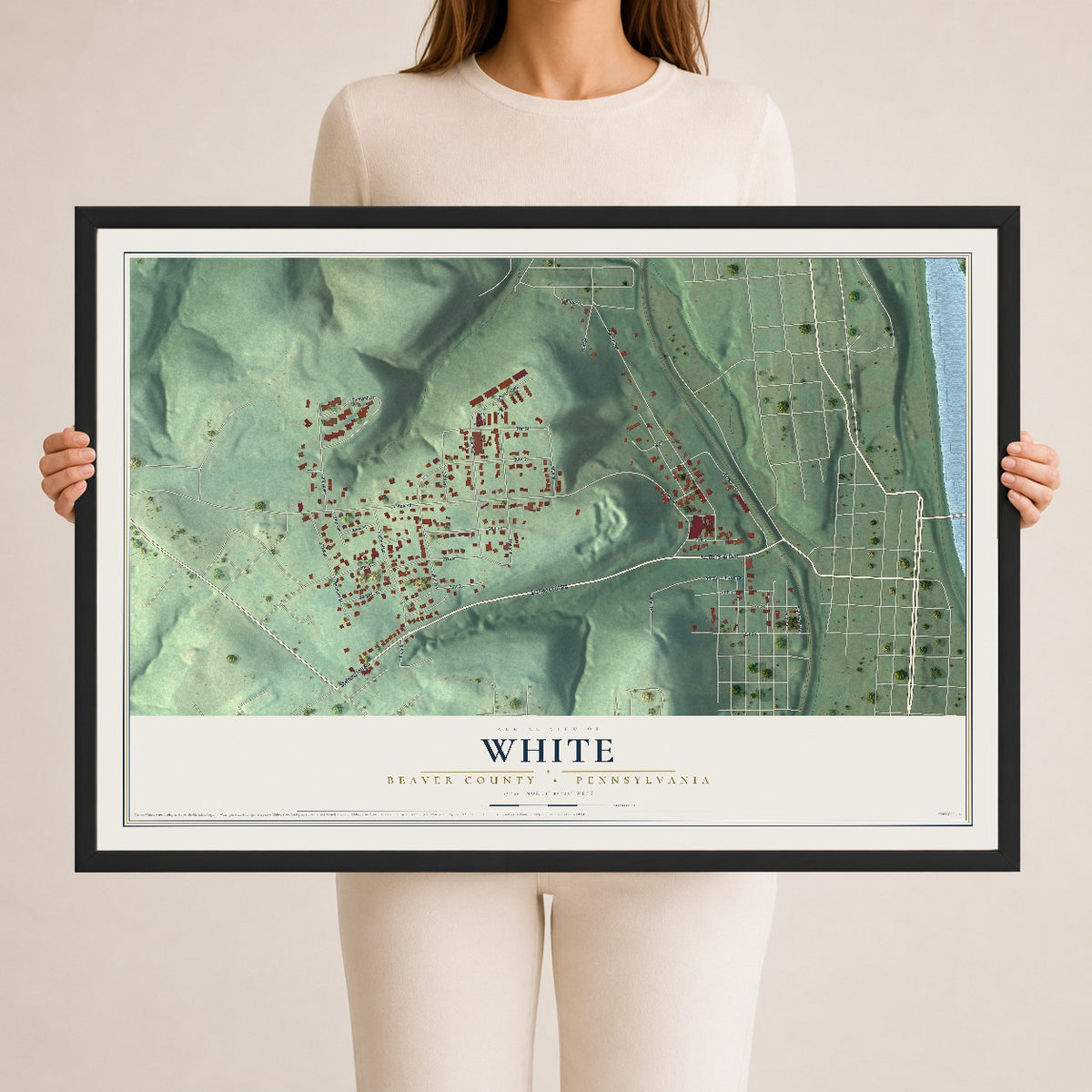 Map of White, Beaver County, Pennsylvania, 24 x 36 inch print in a black wood frame