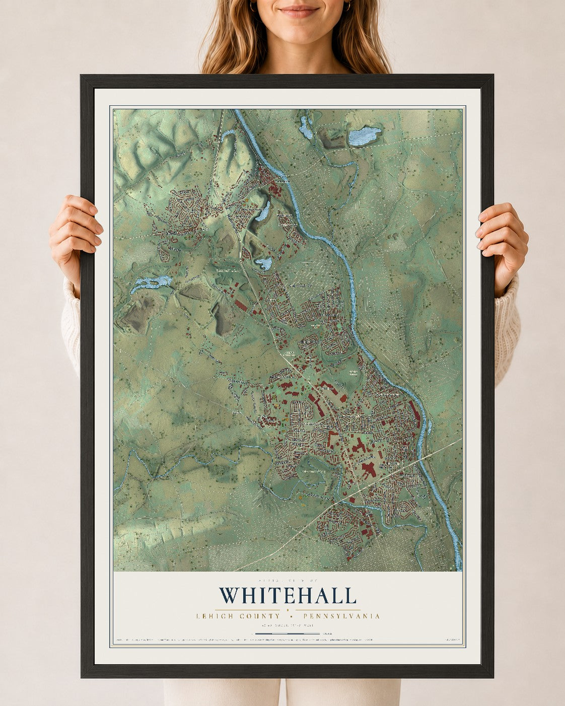 Map of Whitehall, Lehigh County, Pennsylvania, 24 x 36 inch print in a black wood frame