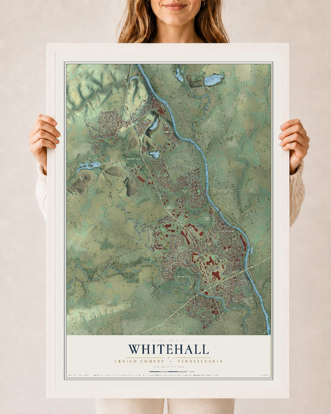 Map of Whitehall, Lehigh County, Pennsylvania, 24 x 36 inch print in a white wood frame