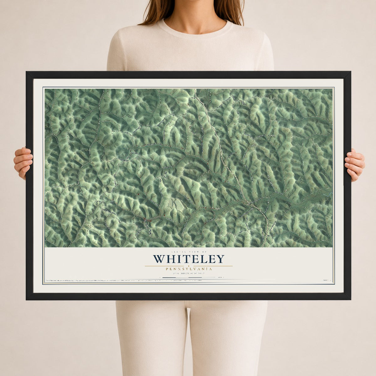 Map of Whiteley, Pennsylvania, 24 x 36 inch print in a black wood frame