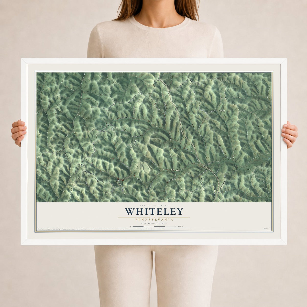 Map of Whiteley, Pennsylvania, 24 x 36 inch print in a white wood frame