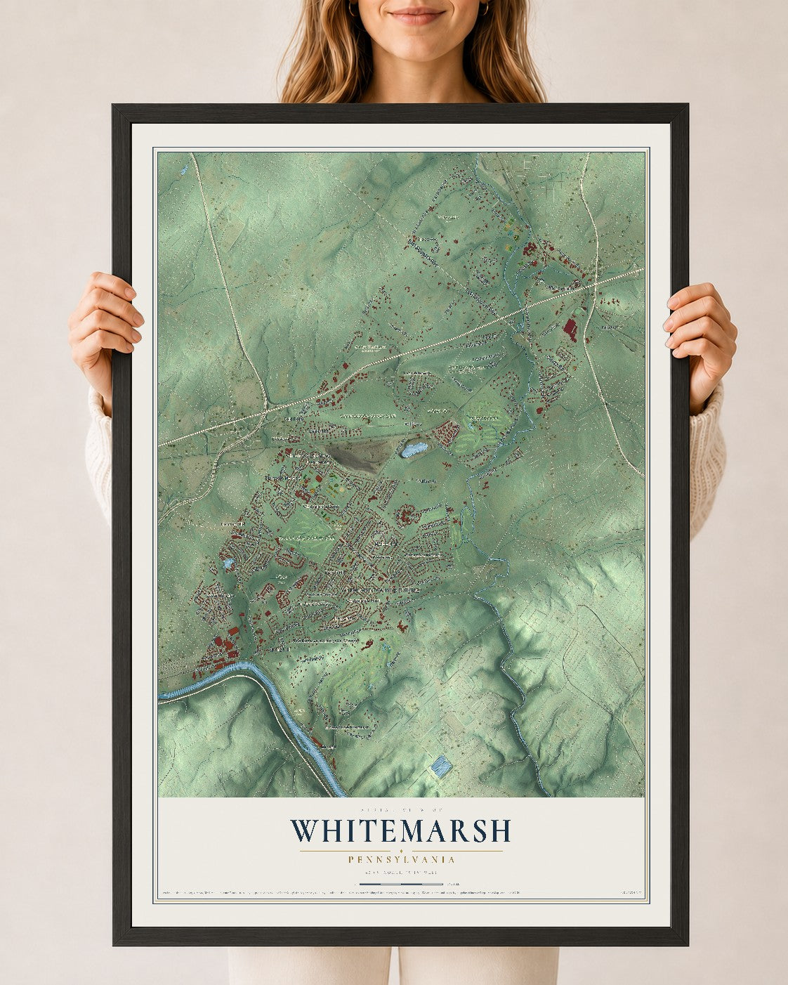 Map of Whitemarsh, Pennsylvania, 24 x 36 inch print in a black wood frame