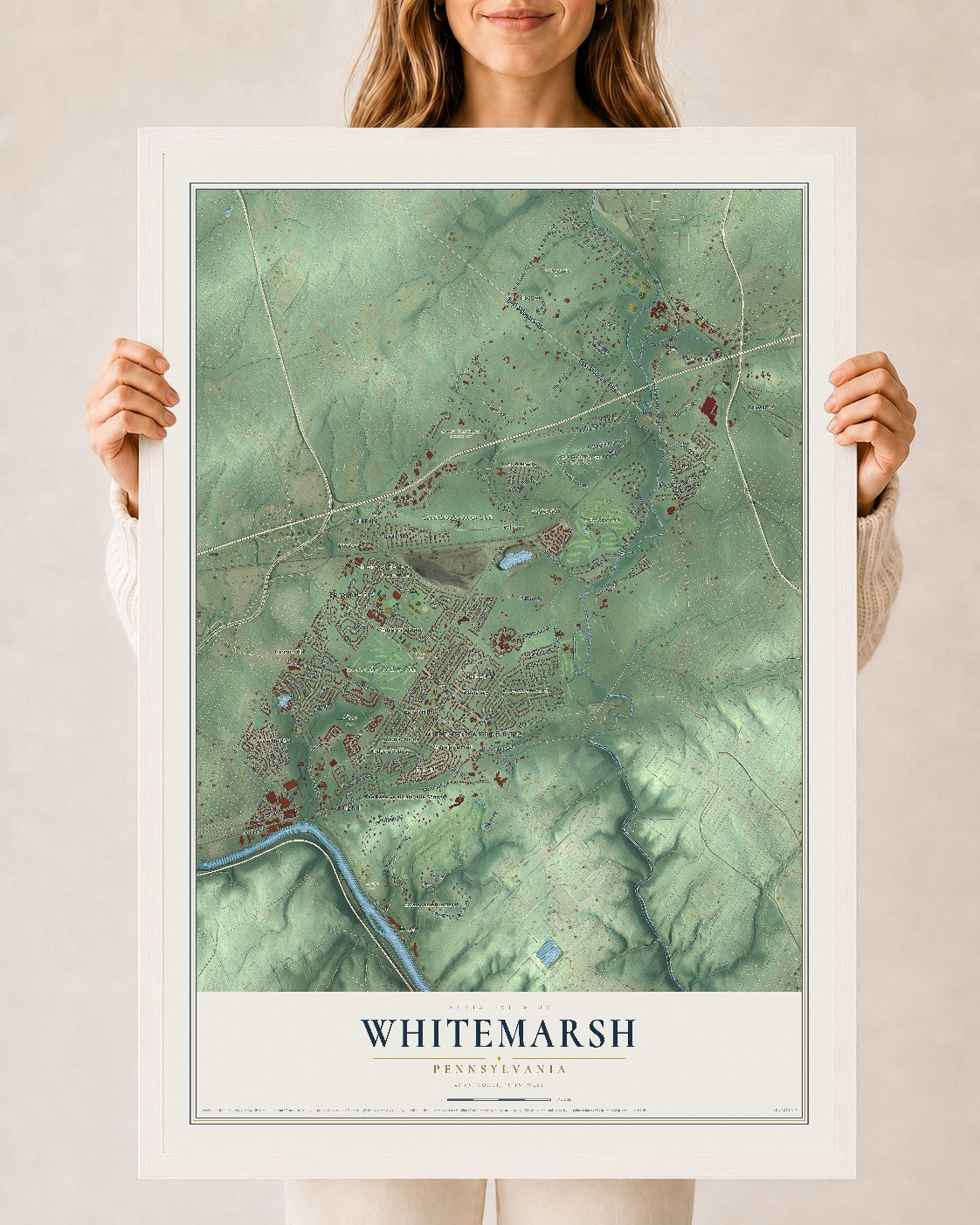 Map of Whitemarsh, Pennsylvania, 24 x 36 inch print in a white wood frame
