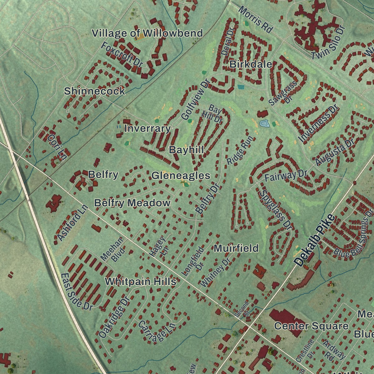 Close-up of the map of Whitpain, Pennsylvania print showing street and building detail