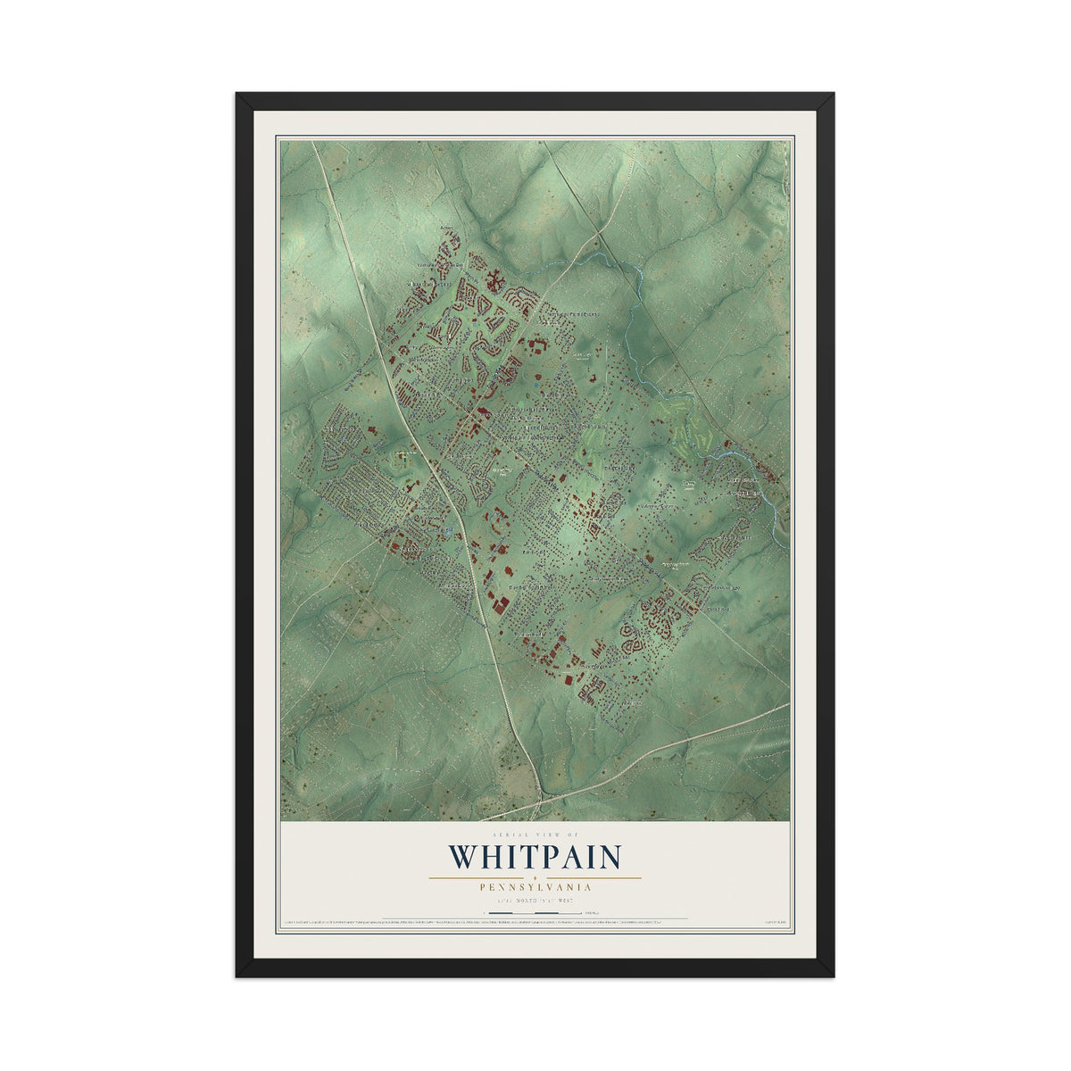 Map of Whitpain, Pennsylvania, 12 x 18 inch print in a black wood frame