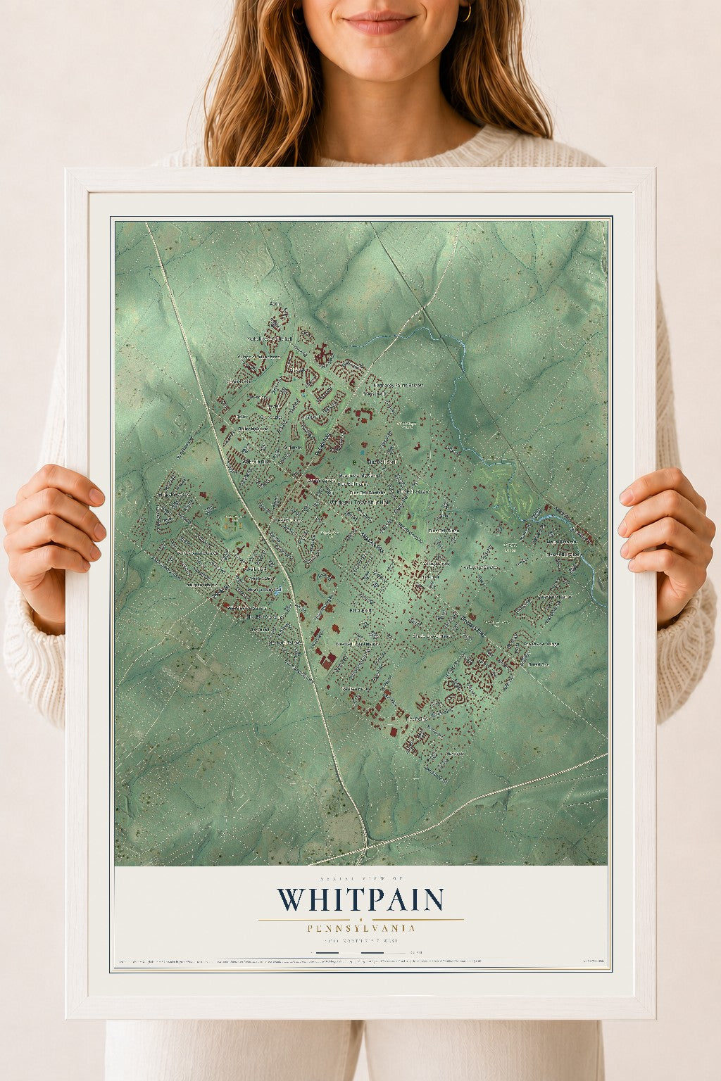 Map of Whitpain, Pennsylvania, 18 x 24 inch print in a white wood frame