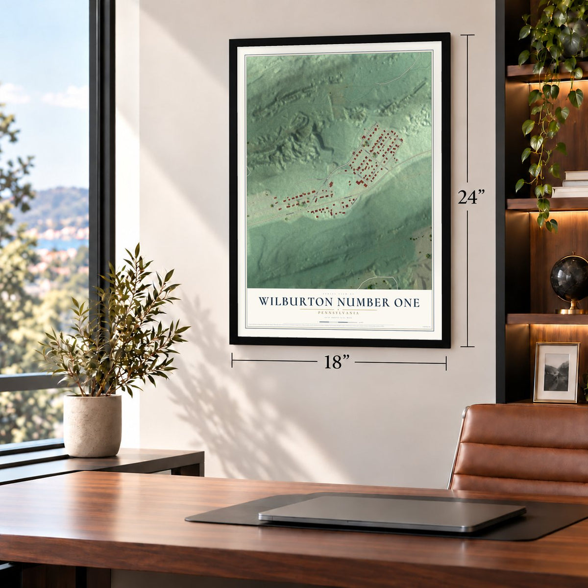 Wilburton Number One, Pennsylvania map, 18 x 24 inch print in a black frame in a home office
