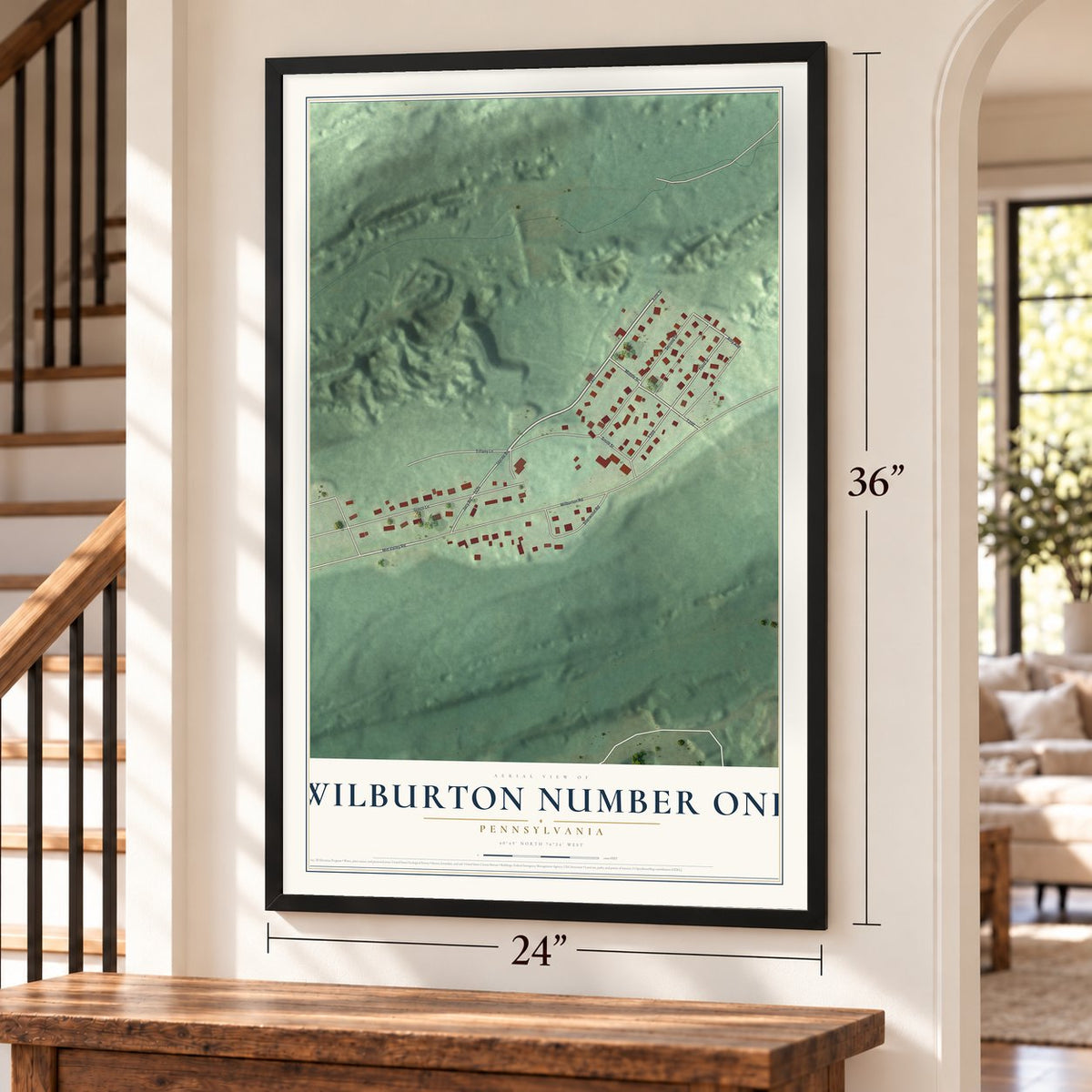 Wilburton Number One, Pennsylvania map, 24 x 36 inch print in a black frame by a staircase
