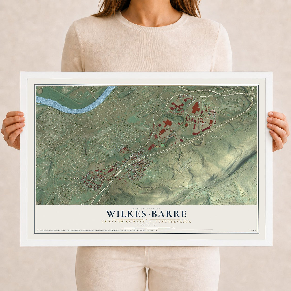 Map of Wilkes-Barre, Luzerne County, Pennsylvania, 12 x 18 inch print in a white wood frame