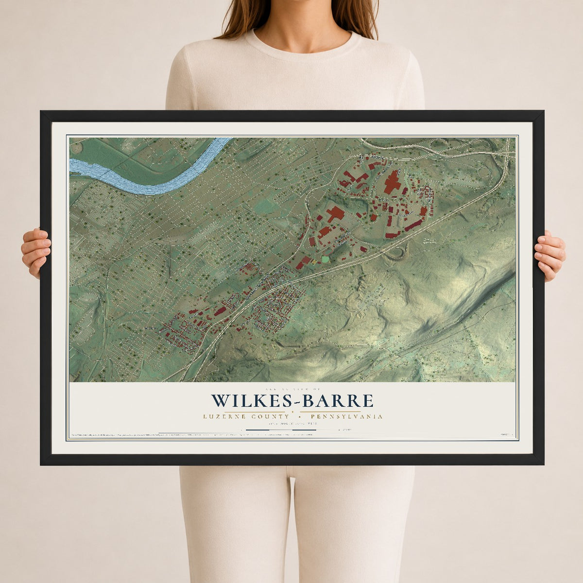 Map of Wilkes-Barre, Luzerne County, Pennsylvania, 24 x 36 inch print in a black wood frame
