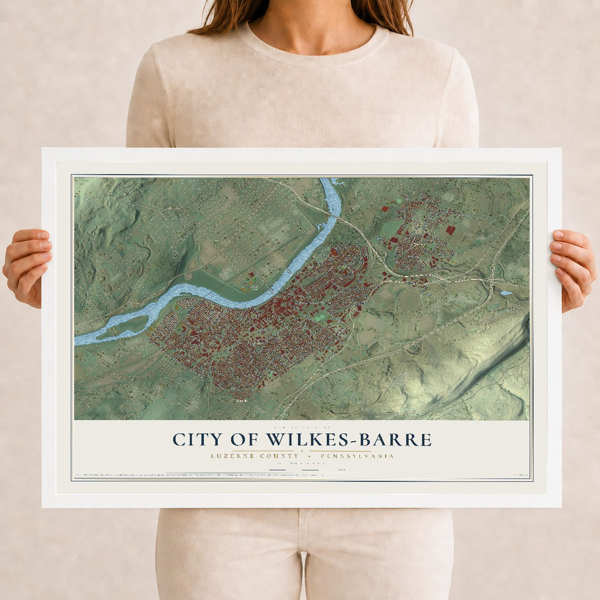 Map of the City of Wilkes-Barre, Luzerne County, Pennsylvania, 12 x 18 inch print in a white wood frame