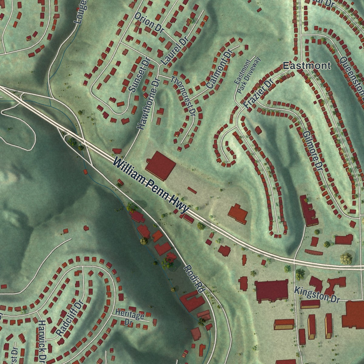 Close-up of the map of Wilkins, Pennsylvania print showing street and building detail