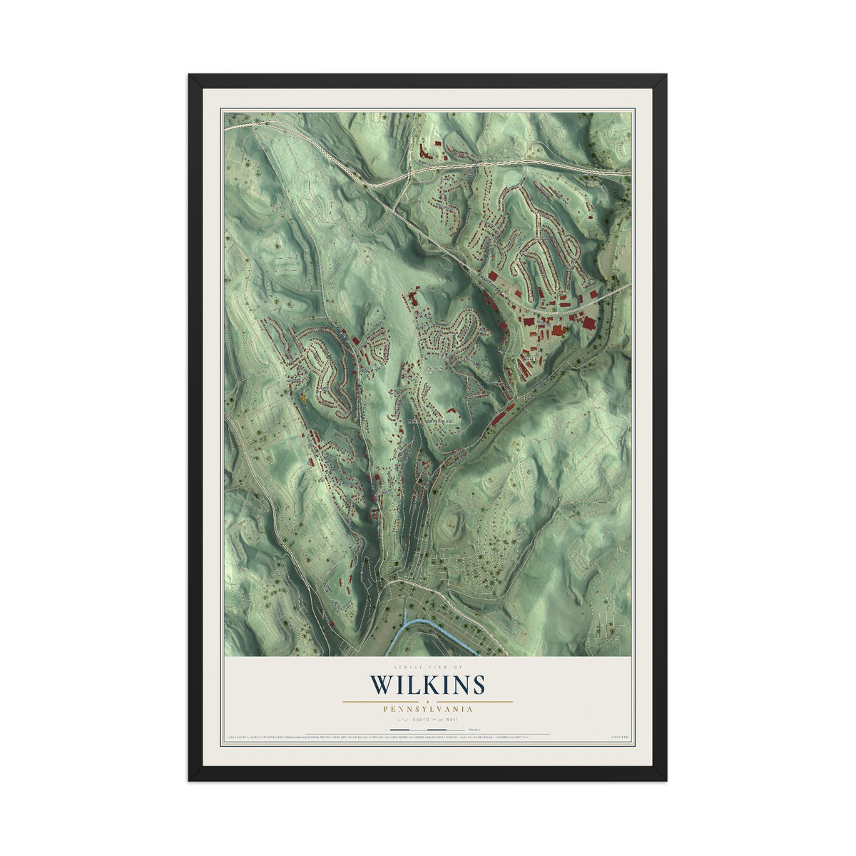 Map of Wilkins, Pennsylvania, 12 x 18 inch print in a black wood frame