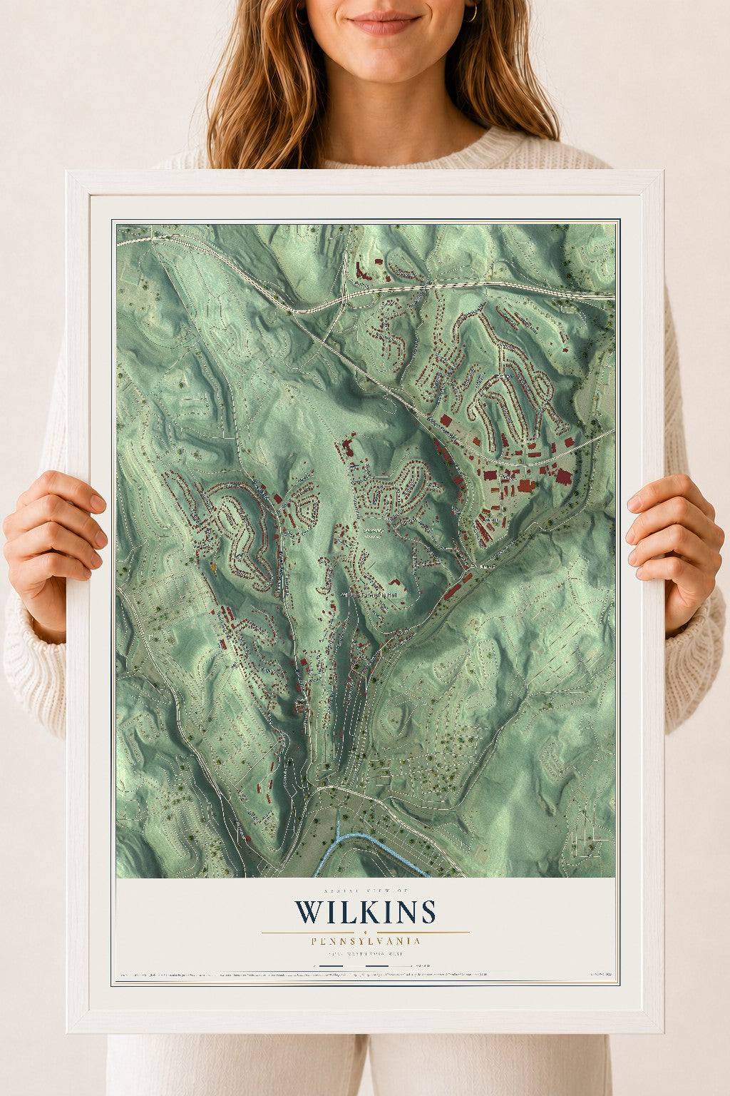 Map of Wilkins, Pennsylvania, 18 x 24 inch print in a white wood frame