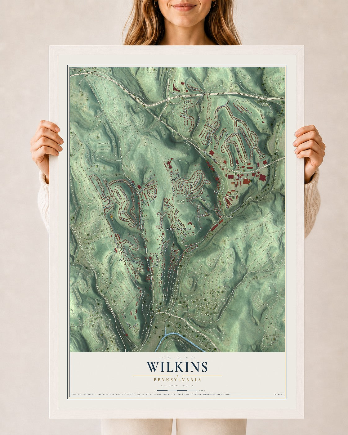 Map of Wilkins, Pennsylvania, 24 x 36 inch print in a white wood frame