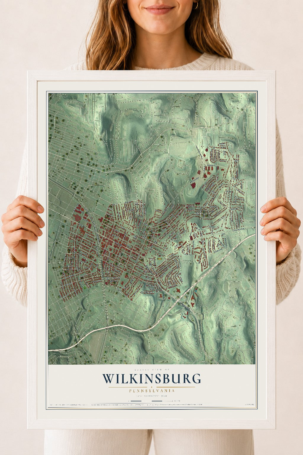 Map of Wilkinsburg, Pennsylvania, 18 x 24 inch print in a white wood frame