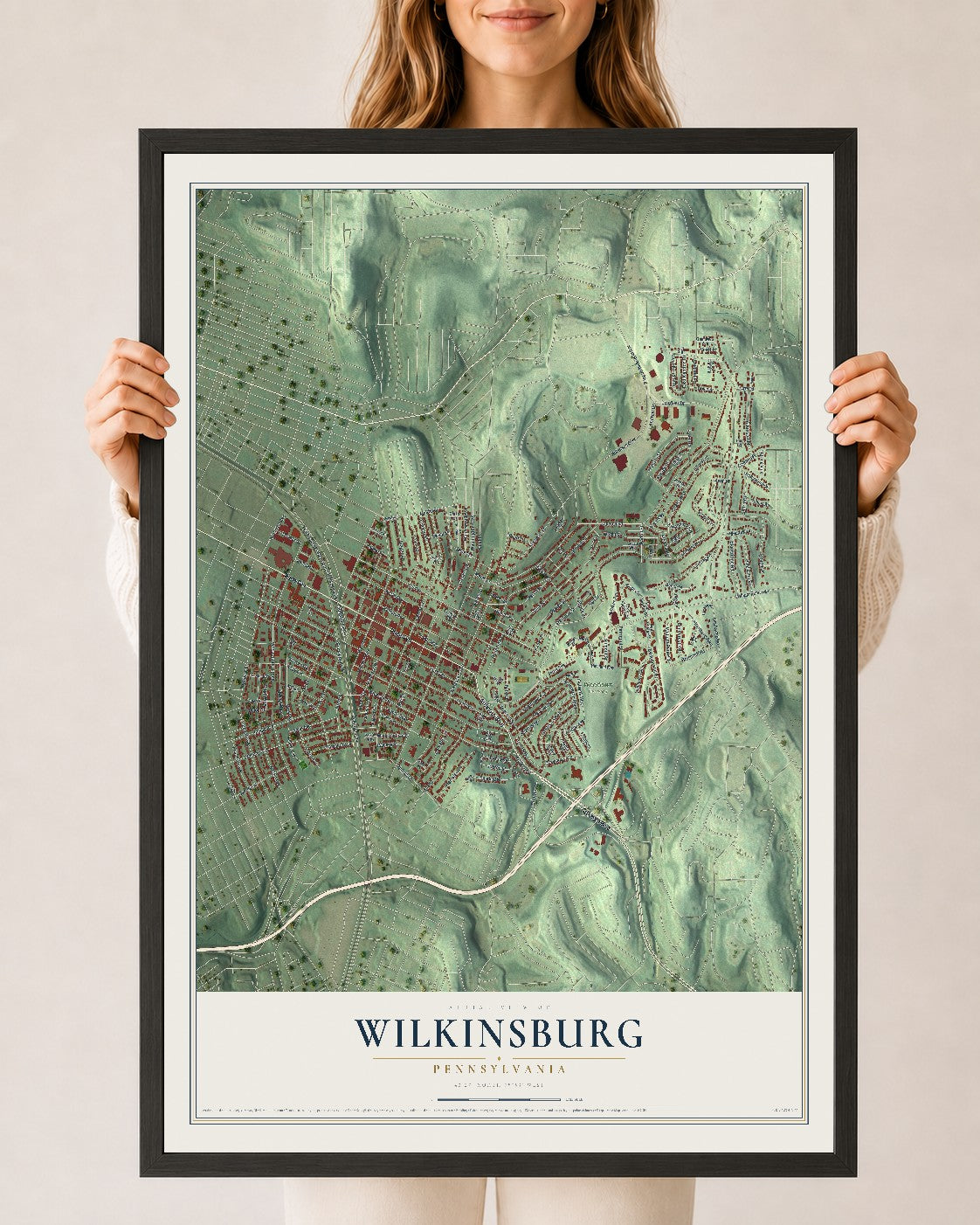Map of Wilkinsburg, Pennsylvania, 24 x 36 inch print in a black wood frame