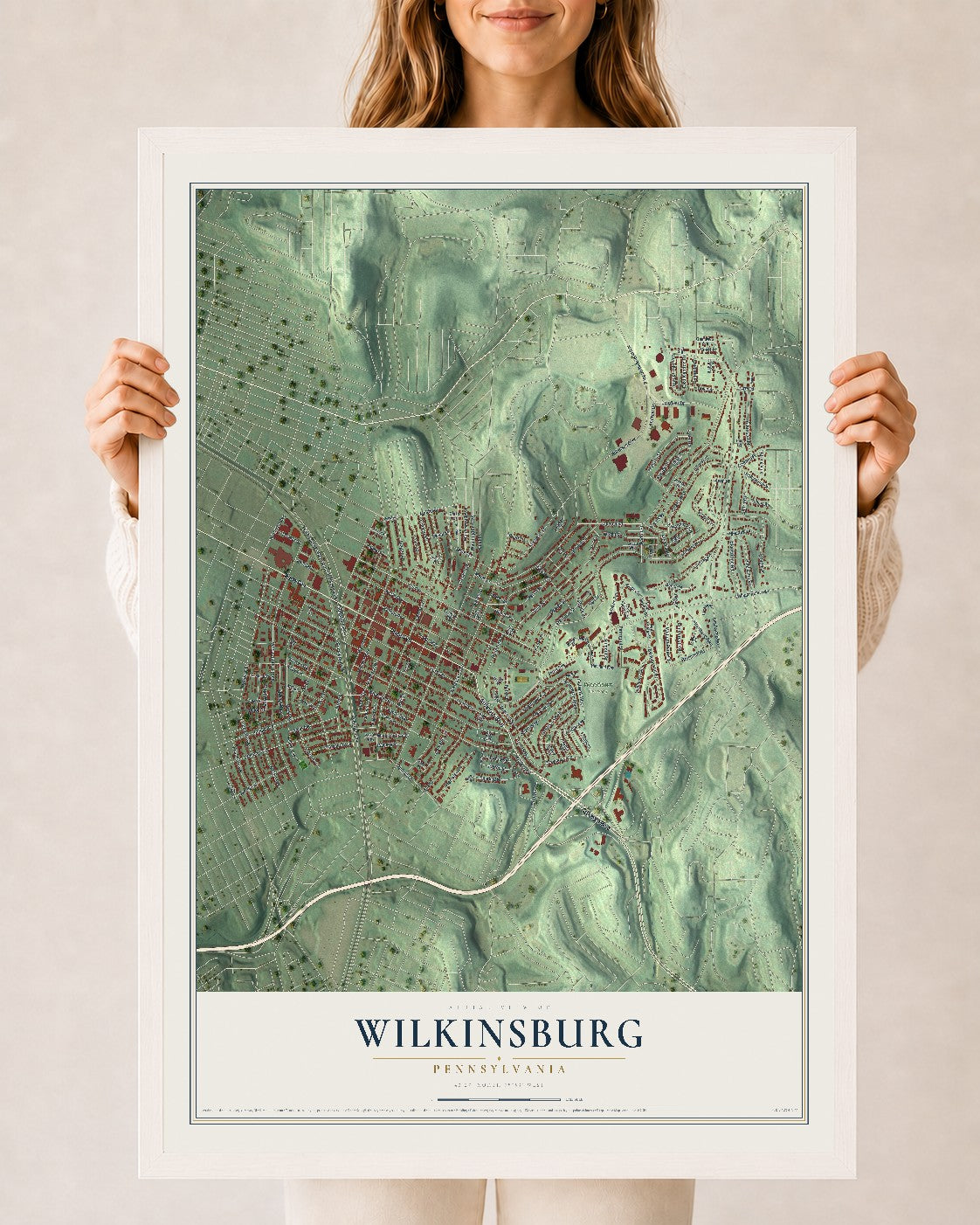Map of Wilkinsburg, Pennsylvania, 24 x 36 inch print in a white wood frame
