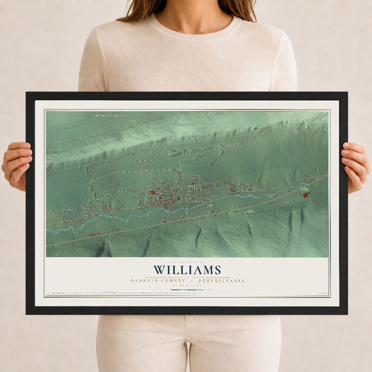 Map of Williams, Dauphin County, Pennsylvania, 12 x 18 inch print in a black wood frame