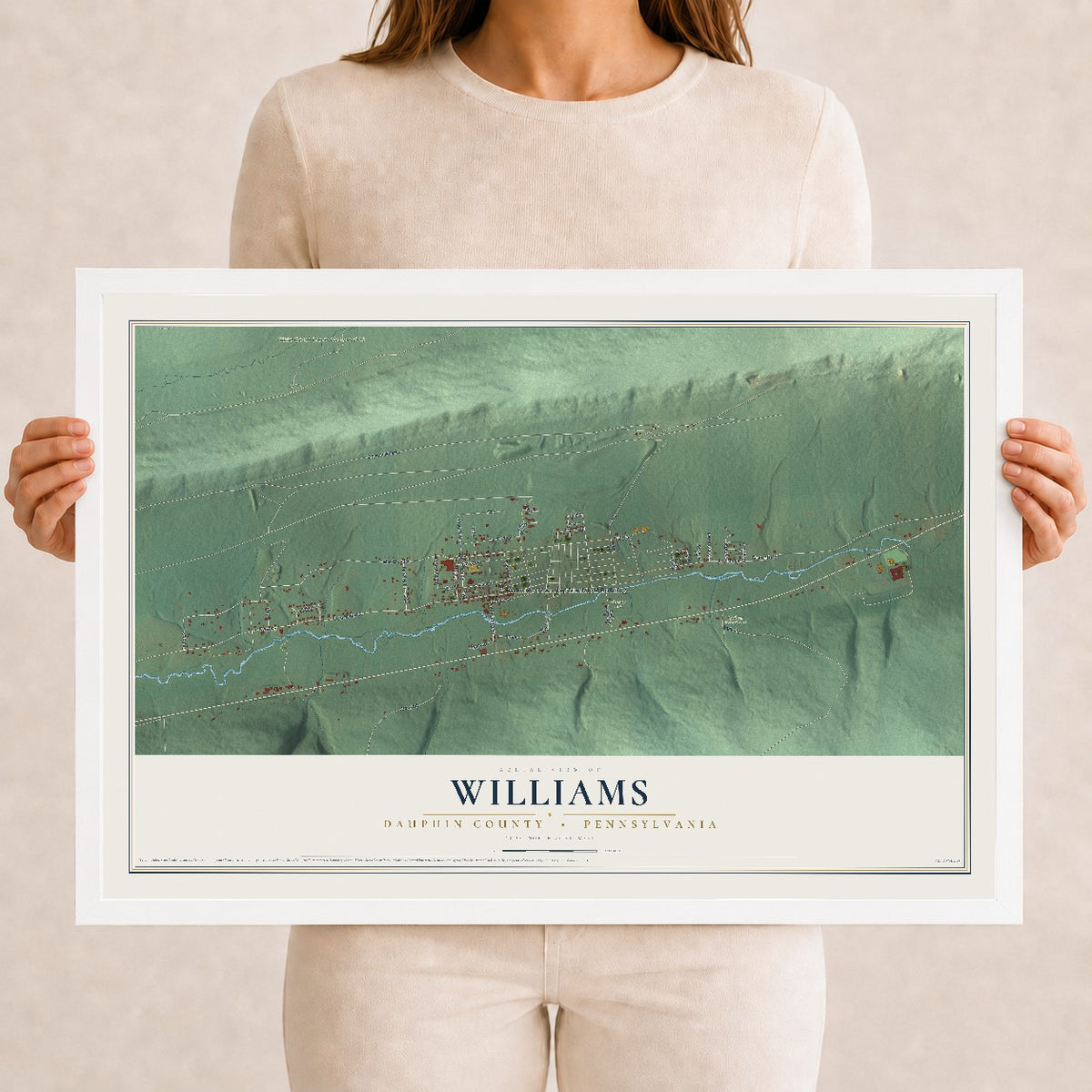 Map of Williams, Dauphin County, Pennsylvania, 12 x 18 inch print in a white wood frame